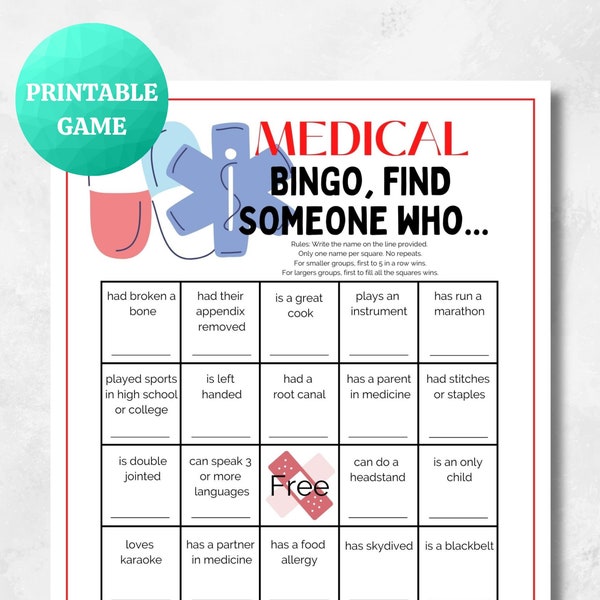 Medical Bingo, Find Someone Who | PRINTABLE Medical Game | Doctor Nurse Fun Game | Medical Nursing School Icebreaker, Retirement, Graduation