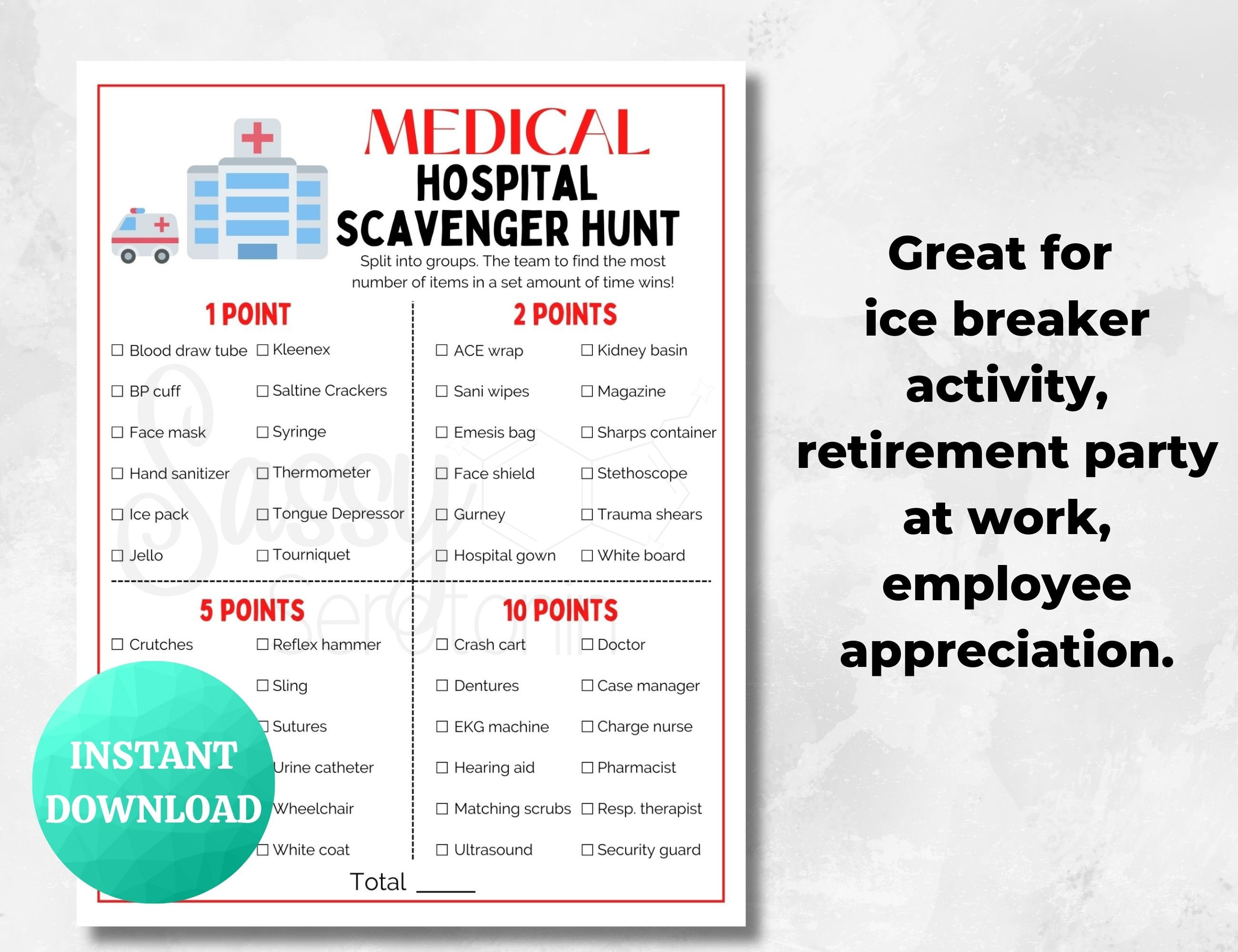 Medical HOSPITAL Scavenger Hunt PRINTABLE Medical Game Doctor Nurse Fun