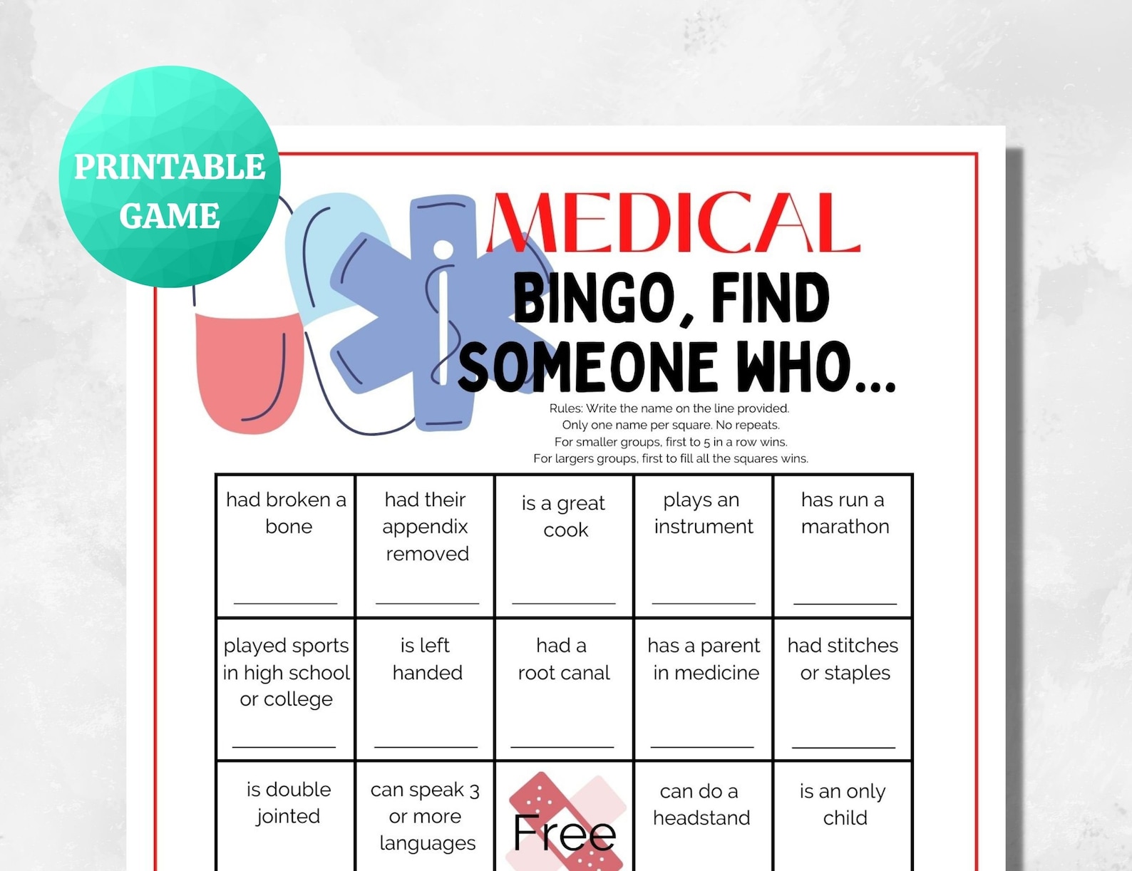 Medical Bingo Find Someone Who PRINTABLE Medical Game Etsy