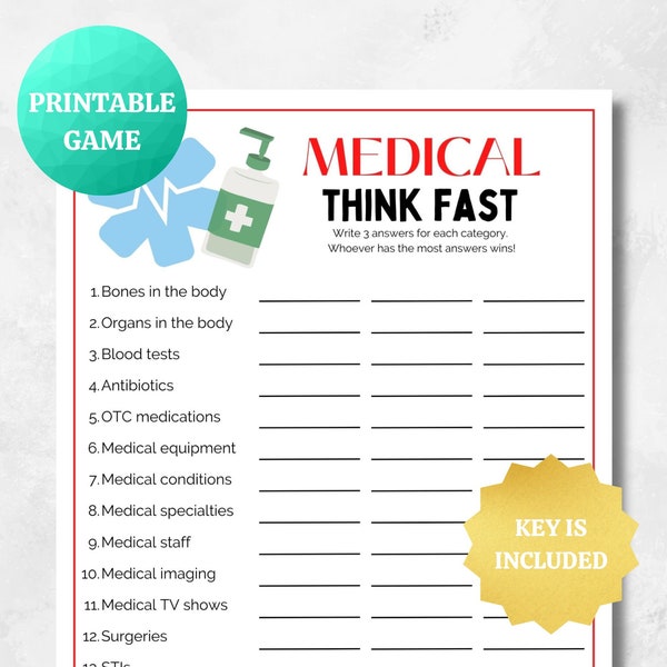 Medical Think Fast | PRINTABLE Medical Game | Doctor Nurse Fun Game | Graduation, White Coat, Retirement, Work, Birthday, Teaching