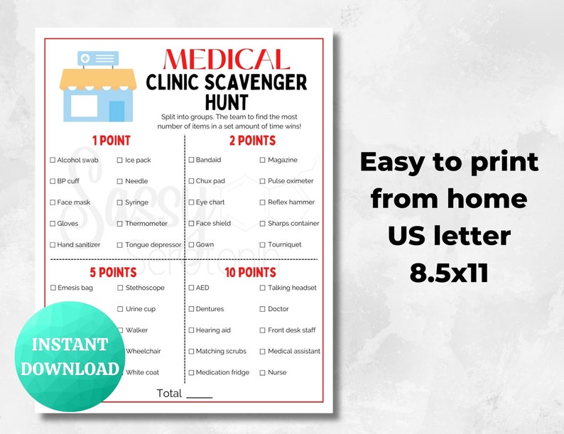 Medical CLINIC Scavenger Hunt PRINTABLE Medical Game Doctor Nurse Fun ...
