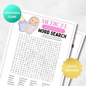Sopa de letras sobre trabajo de parto y parto (L&D) / Imprimible Juego divertido para médicos y enfermeras / Graduación, jubilación, docencia, hospital