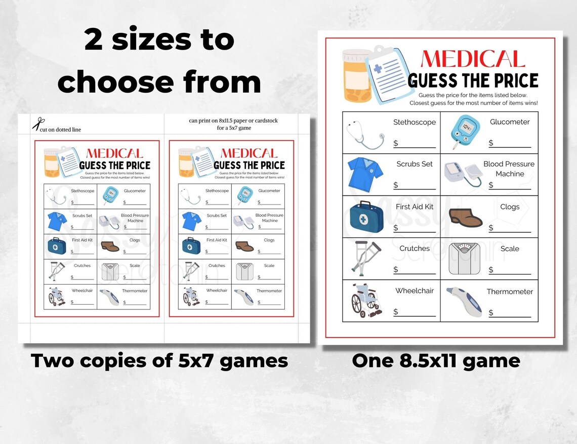 Medical Guess the Price PRINTABLE Medical Game Doctor Nurse Fun Game