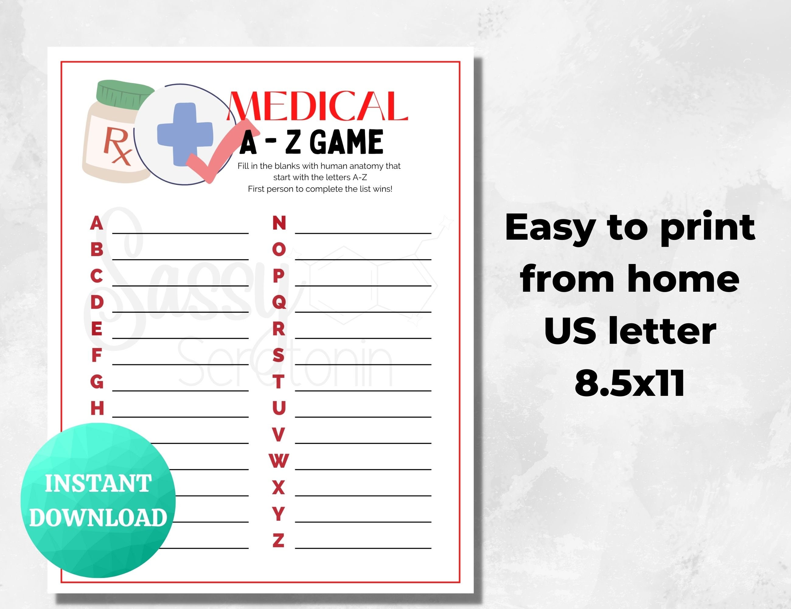 Medical A to Z Game PRINTABLE Medical Game Doctor Nurse Fun Game ...