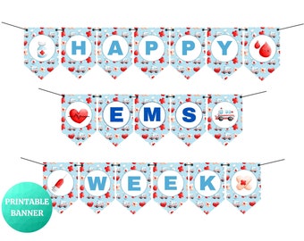 Happy EMS Week Blue Banner | EMS Appreciation Week | Printable Banner for Ambulance Bay & Break Room | Thank You Emergency Medical Services