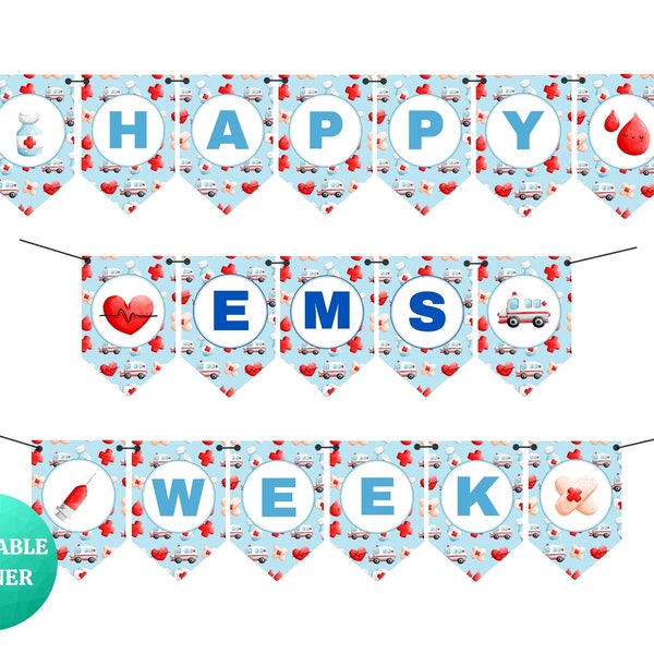Happy EMS Week Blue Banner | EMS Appreciation Week | Printable Banner for Ambulance Bay & Break Room | Thank You Emergency Medical Services