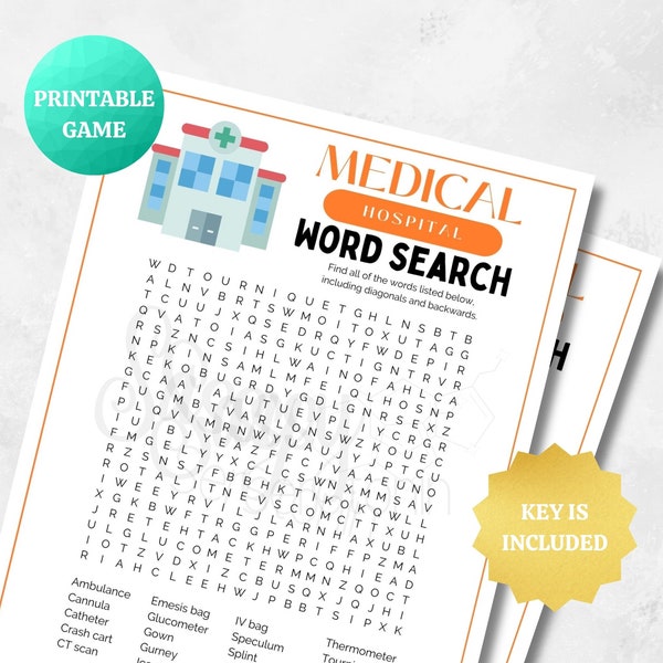 Medical Hospital Word Search | PRINTABLE Doctor Nurse Fun Game | Graduation, White Coat Ceremony, Retirement, Clinic, Birthday, Teaching