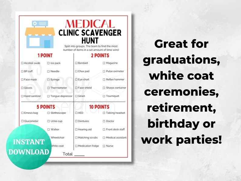 Medical CLINIC Scavenger Hunt PRINTABLE Medical Game Doctor Nurse Fun