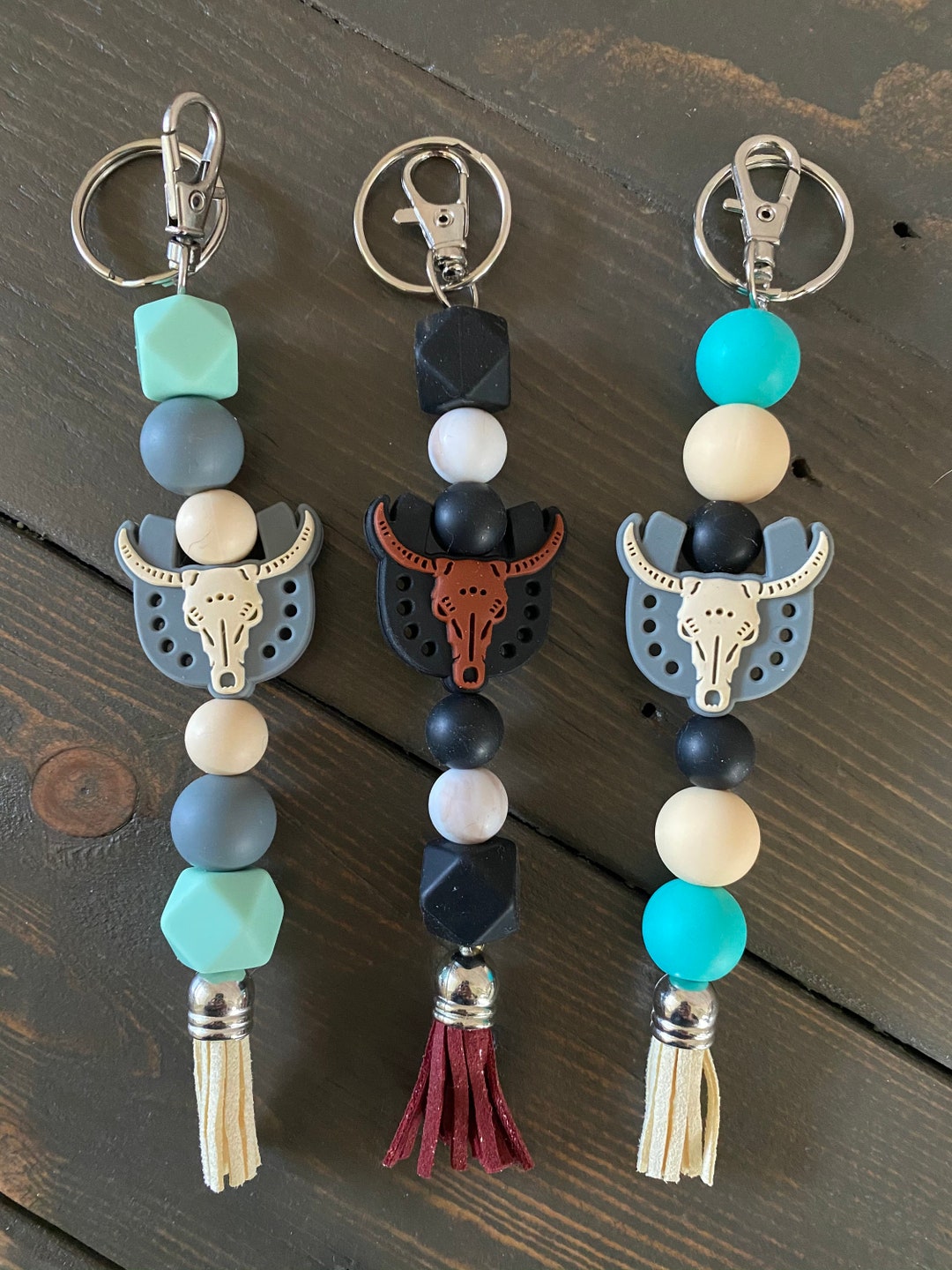 Western Keychains, Western Steer Skull Keychain, Silicone Bead
