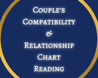 May include: A navy blue graphic with a gold border. The text reads "Couple's Compatibility & Relationship Chart Reading" in a white, glowing font. The image is circular with a dark blue background.