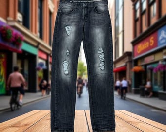 Luxery Black Straight Jeans Mens Distressed Modern 32” waist x 31” Inseam