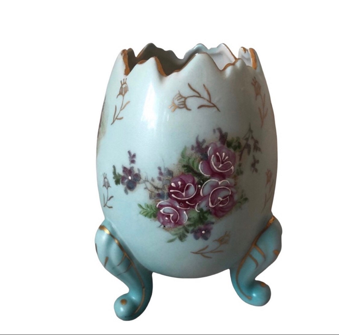 Vintage Inarco Porcelain Three Legged Cracked Egg Planter Blue w Japan