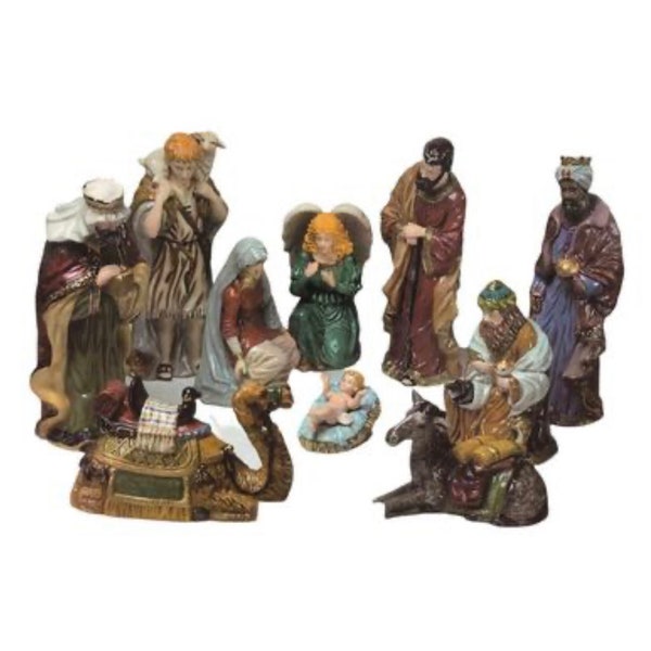 Large One-Foot Tall Set of 11 Nativity Scene Porcelain Christmas Figurines