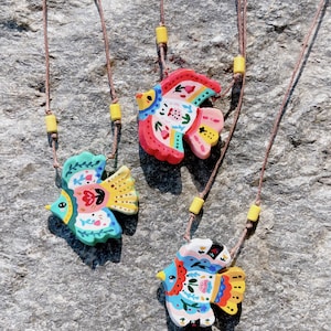 Clay Charm Necklace Ceramic Pendant Necklace, Handmade Adjustable Jewelry Hippie Unique Gift Customizable Handcrafted Hand painting Nature