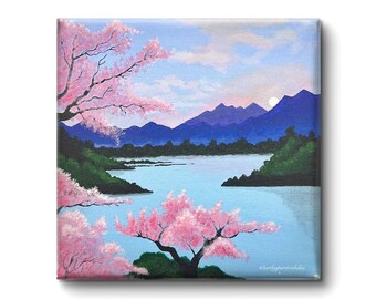 Cherry Blossom Landscape Painting, Acrylic painting