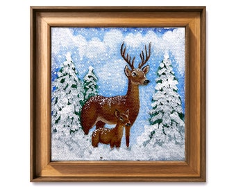 Christmas Deer Painting, Winter Forest, Mini Canvas Art
