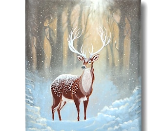 Deer Painting, Snowy Forest Painting,