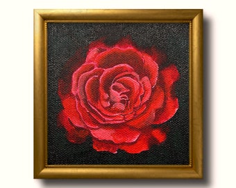 赤いバラ　アクリル画 赤いバラ アクリル画 赤いバラのミニチュアアクリル画：サイン入り花の