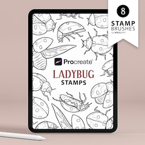 8 Timbres procréer coccinelle. Conception de tatouage de dame Bug. Pinceaux mignons de ligne Love Bugs. Dessin au trait d’insecte volant. Tampons de dessin pour Procreate, iPad