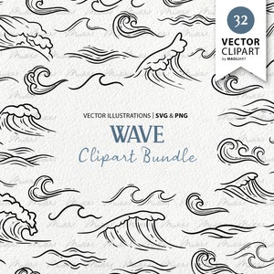 32 Waves Vector Clipart. Ręcznie rysowane grafiki linii fal. Zestaw Beach Sea Art. Zestaw Underwater Ocean. Pliki SVG i PNG do użytku komercyjnego