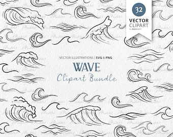 32 Waves Vector Clipart. Hand Drawn Wave Line Graphics. Beach Sea Art Bundle. Underwater Ocean Set. Commercial Use SVG & PNG files