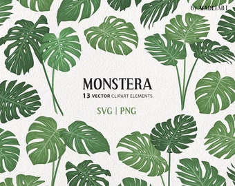 Lot de cliparts SVG feuille de Monstera. 13 feuilles tropicales. Illustrations botaniques vectorielles au trait. Art minimaliste de décoration de plantes de la jungle. Fichiers PNG et SVG