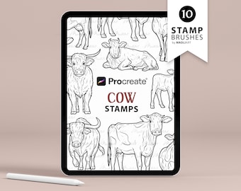 10 stempels voor de voortplanting van koeien. Koe tattoo ontwerp. Stierenzegels. Lamsborstelstempels. Koe overzicht. Borstels voor boerderijdieren. Koestempels voor iPad Procreate