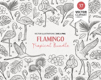 37 Tropical Flamingo SVG Clipart Bundle. Plumeria Line Art. Hawaiian Flower Vector Outline. Exotic Monstera and Palm Leaf Set. SVG & PNG