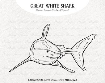 Great White Shark SVG Clipart. Shark Vector Line Drawing. Ocean Animal Line Art. Marine Mammal Stamp. Commercial PNG & SVG