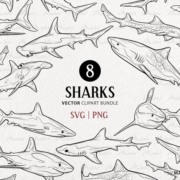 8 Hai SVG Bundle. Ozean Tiere SVG Vektor Linie Kunst. Weißer Hai, Hammerhai, Blauhai Clipart-Set. Png & SVG Clipart Dateien