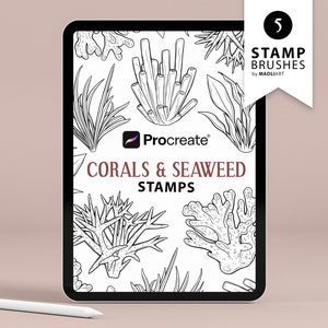 May include: A digital illustration of a set of 5 Procreate stamp brushes featuring corals and seaweed. The image shows a tablet screen with the text "CORALS & SEAWEED STAMPS" and a variety of coral and seaweed designs.