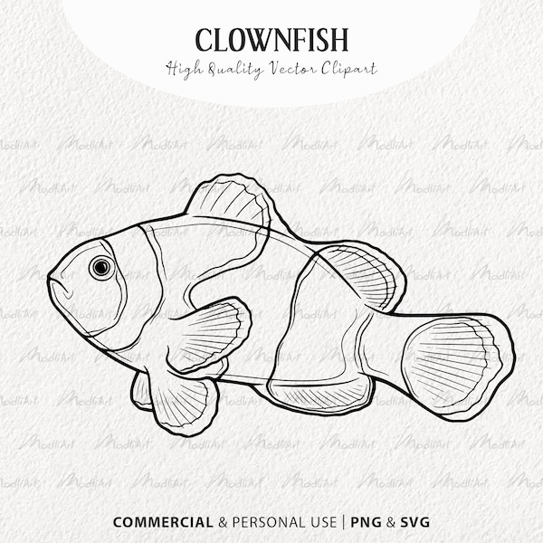 Clownfish Vector Clipart. Coral Reef Fish SVG Drawing. Ocean Fish Line Art. Small Tropical Fish Artwork. PNG & SVG with Commercial License