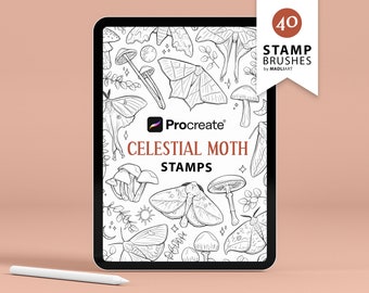 40 種類の Procreate 天体蛾スタンプ。神秘的な蝶のタトゥー デザイン。魔法の線ブラシ。キノコ、ユーカリ。iPad 用 Procreate スタンプ
