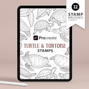 12 timbres de procréation de tortue. Conception de tatouage de tortue de mer. Brosses d'art de ligne de tortue de terre. Pinceaux mignons de tortue. Tampons de dessin pour Procreate iPad