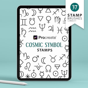 37 símbolos cósmicos. Sellos Procreate Cosmos para iPad. Iconos de signos del zodíaco. Diseño de tatuaje de planeta. Iconos de agua de aire de tierra de fuego. Venus, Marte, Sol, Luna