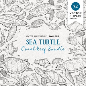 Può includere: Un'illustrazione in bianco e nero di una tartaruga marina con elementi di barriera corallina. L'illustrazione include una tartaruga marina, pesci, coralli, alghe e conchiglie. Il testo "SEA TURTLE Coral Reef Bundle" è al centro dell'immagine.