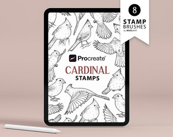 8 Procreate Cardinal Stamps. Small Bird Tattoo Design. Winter Bird Line Art Brushes. Wings Outline Set. Drawing Stamps for Procreate in iPad