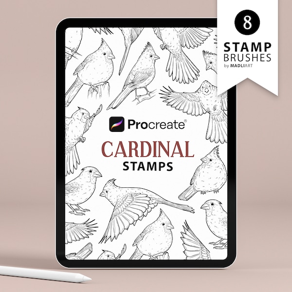 8 Procreate Cardinal Stamps. Small Bird Tattoo Design. Winter Bird Line Art Brushes. Wings Outline Set. Drawing Stamps for Procreate in iPad