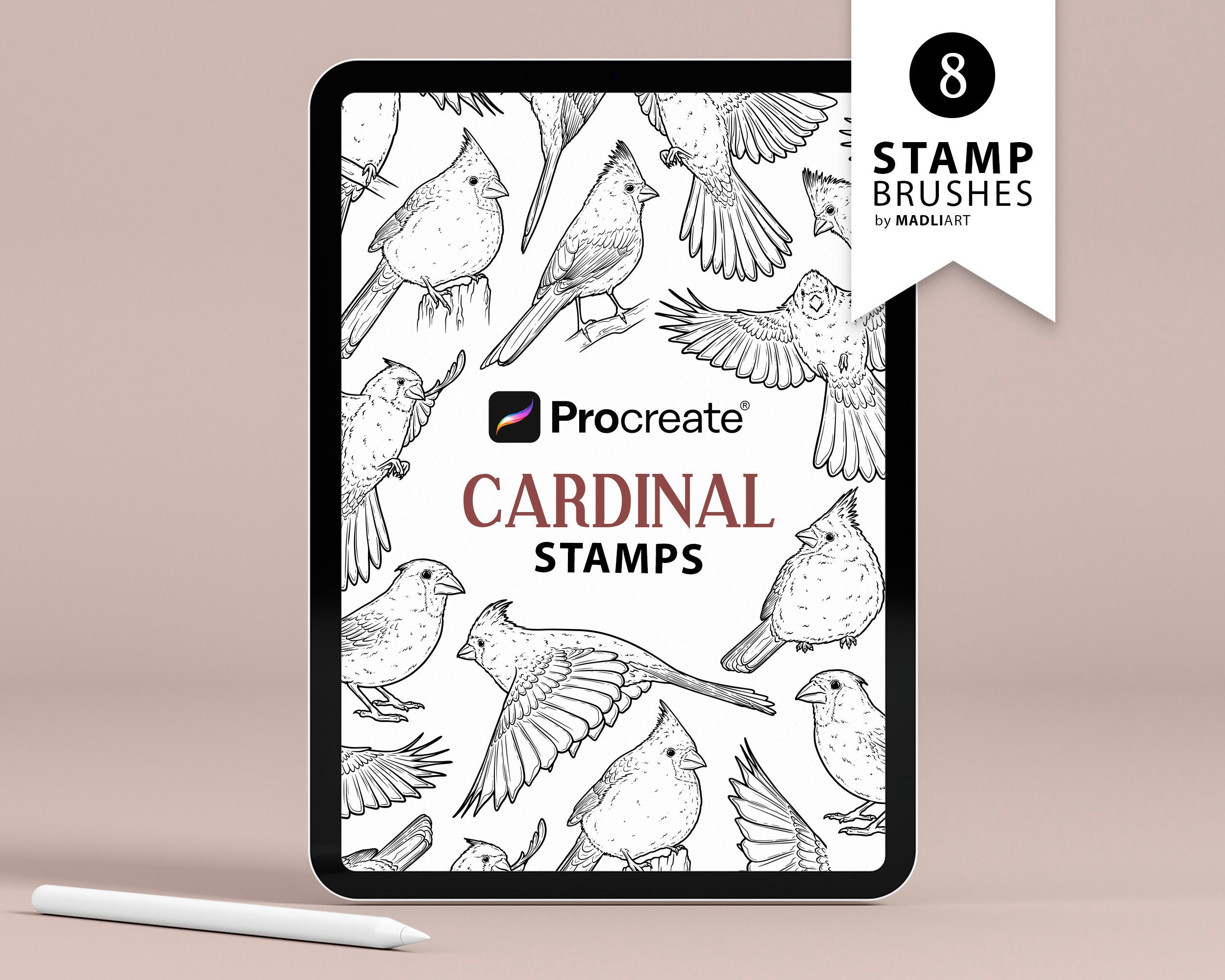 8 Procreate-Kardinal-Stempel – Line-Art-Pinsel für kleine Vogel-Tattoos für iPad | Umriss-Set winterlicher Flügel