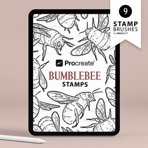 Puede incluir: Una ilustración digital de un conjunto de 9 pinceles de sello Procreate con abejorros. La imagen muestra la pantalla de una tableta que muestra los pinceles, con el texto "Bumblebee Stamps" y el logotipo de Procreate.