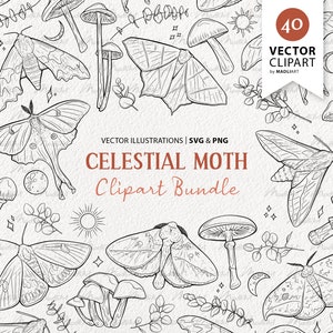 40 Moth Celestial Clipart Bundle. Hand Drawn Vector Line Drawings. Magical Mushrooms. Sun Moon Eucalyptus Stamps. Instant Download SVG & PNG