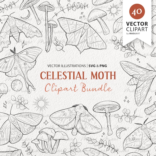 40 Moth Celestial Clipart Bundle. Hand Drawn Vector Line Drawings. Magical Mushrooms. Sun Moon Eucalyptus Stamps. Instant Download SVG & PNG