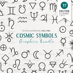37 kosmische symbolen clipart. Dierenriemtekens vectorafbeeldingen. Planeet iconen. Vuur Aarde Lucht Water Elementen. Venus, Mars, zon, maan icoon. SVG- en PNG-bestanden