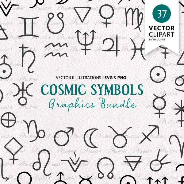 37 Cosmic Symbols Clipart. Zodiac Signs Vector Graphics. Planet Icons. Fire Earth Air Water Elements. Venus, Mars, Sun, Moon Icon. SVG & PNG