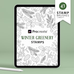 43 Francobolli Procreate Verde Invernale. Disegno del tatuaggio delle foglie invernali. Pennelli artistici sempreverdi di Natale. Pino, Vischio, Agrifoglio. Timbri da disegno per iPad
