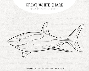 Clipart SVG di grande squalo bianco. Disegno della linea vettoriale dello squalo. Arte della linea degli animali dell'oceano. Timbro di mammiferi marini. PNG e SVG commerciali