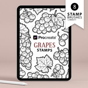 May include: A digital illustration of 8 Procreate stamp brushes featuring grapes. The image shows a pattern of grapes and grape leaves in black and white. The text "Procreate", "Grapes", and "Stamps" is visible on the screen.