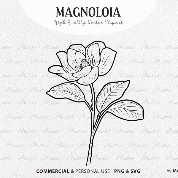 Magnolia SVG Clipart. Magnolia Blossom Vector Illustration. Magnolia Tattoo Stamp. Botanical Magnolia Floral Outline. PNG & SVG