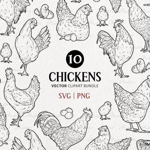 Paquet de cliparts SVG de poulet. Poule Coq Bébé Poussin Vector Art. Aperçu des oiseaux de ferme. Dessin au trait poulet Clipart. SVG et PNG commerciaux