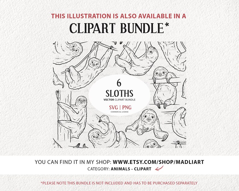 Sloth SVG Clipart Bundle. Cute Baby Sloth Line Illustrations. Lazy ...